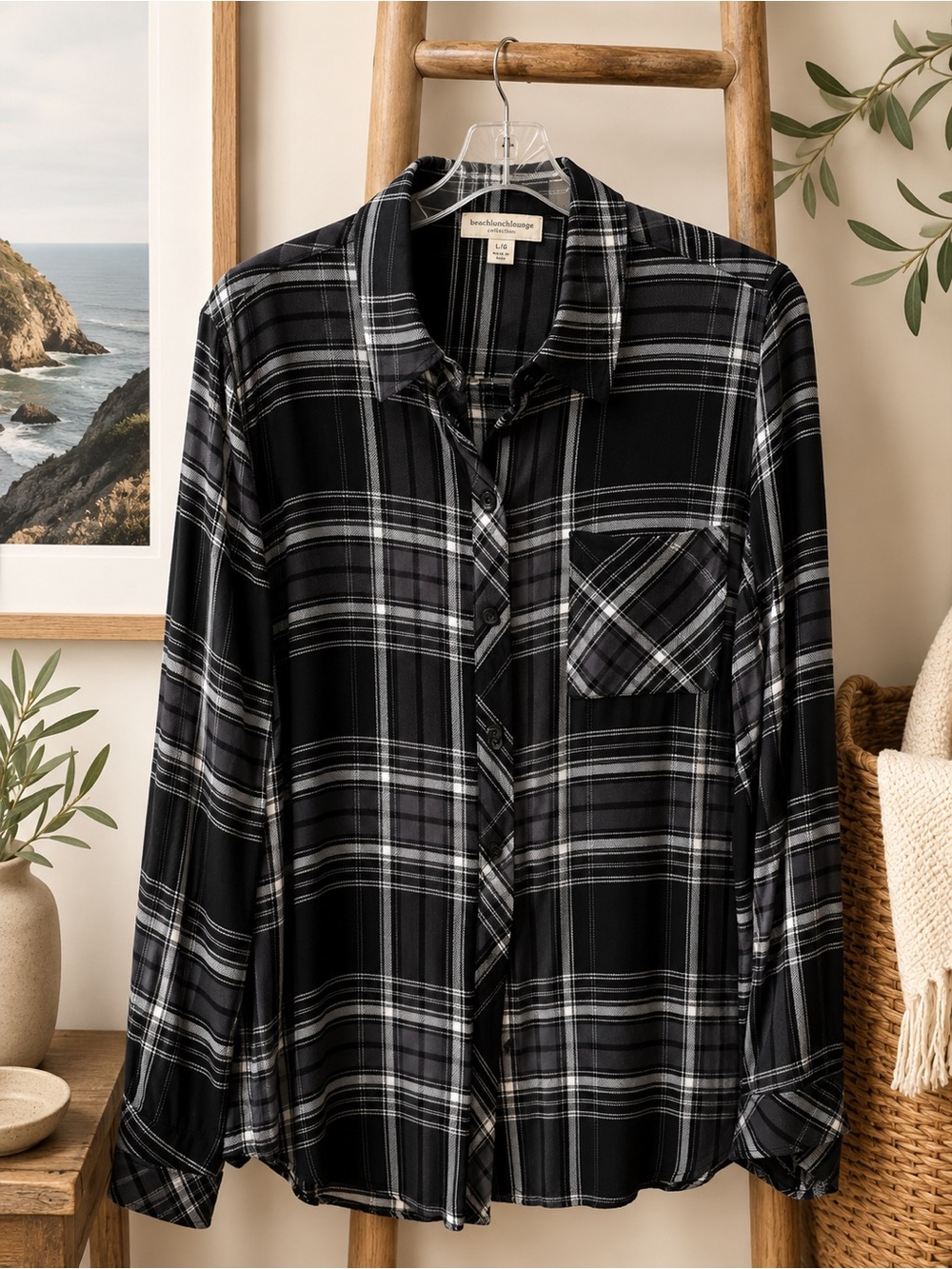 BeachLunchLounge Plaid Button Down Shirt Black Gray Rayon L